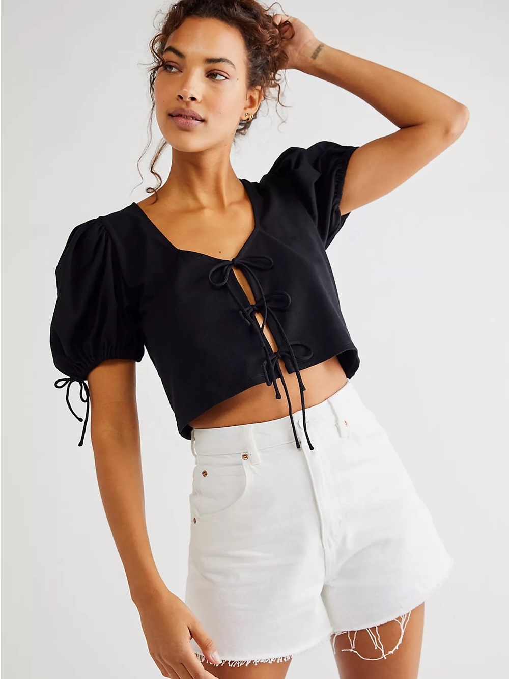 Free People Black Puff Sleeve Tie-Front Crop Top